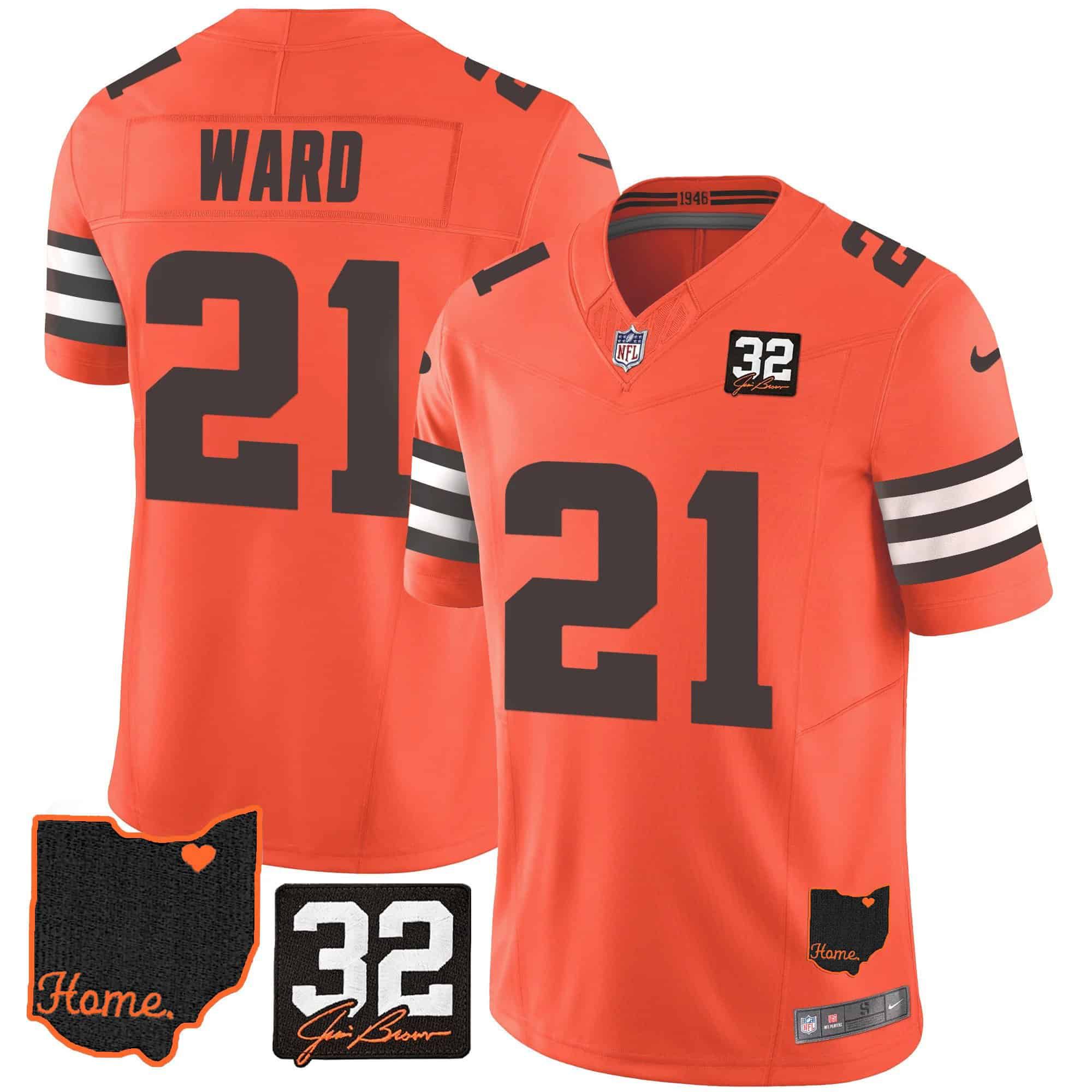 Men Cleveland Browns 21 Ward Orange Memorial Home Patch 2024 Nike NFL Jersey